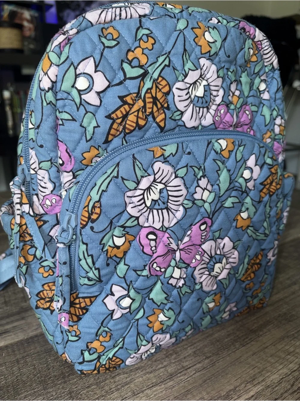 Vera Bradley Quilted Kids Backpack in Blue with Pink and Orange Accents